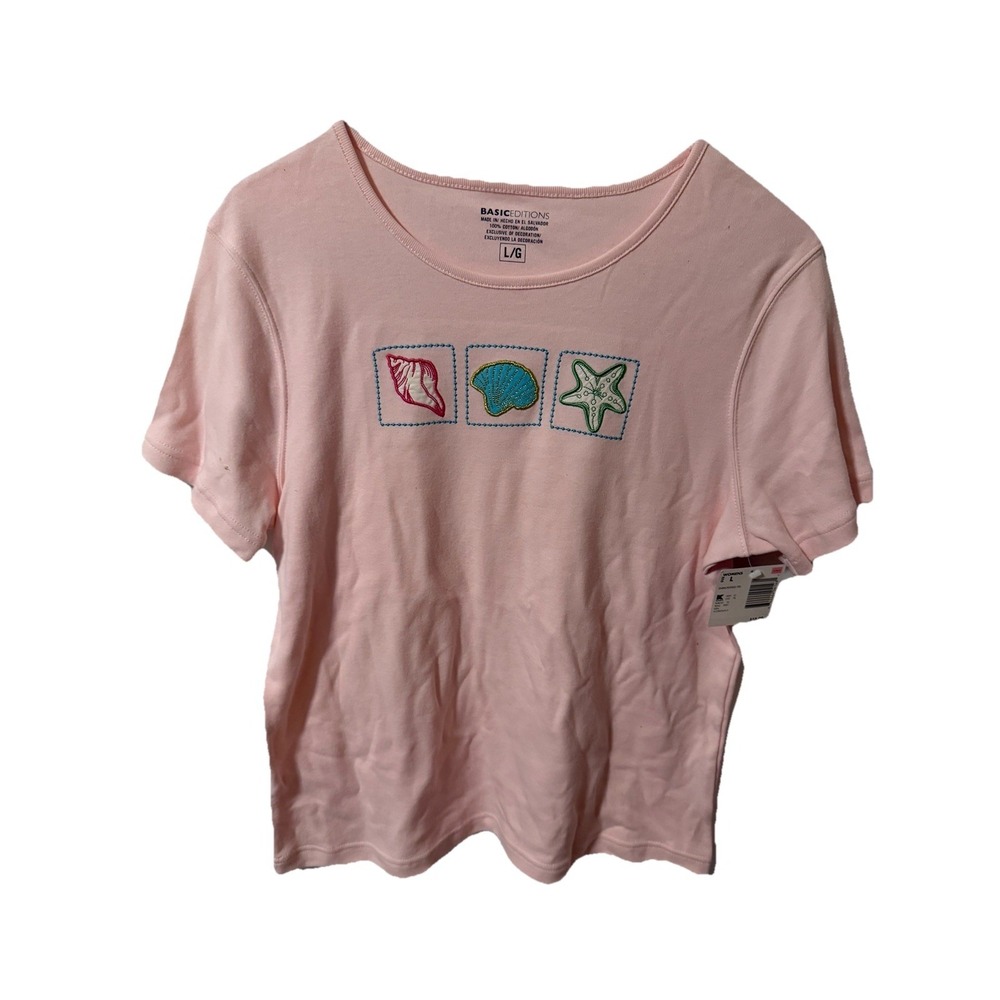 Basic Editions brand t-shirt featuring embroidered shell and starfish Large